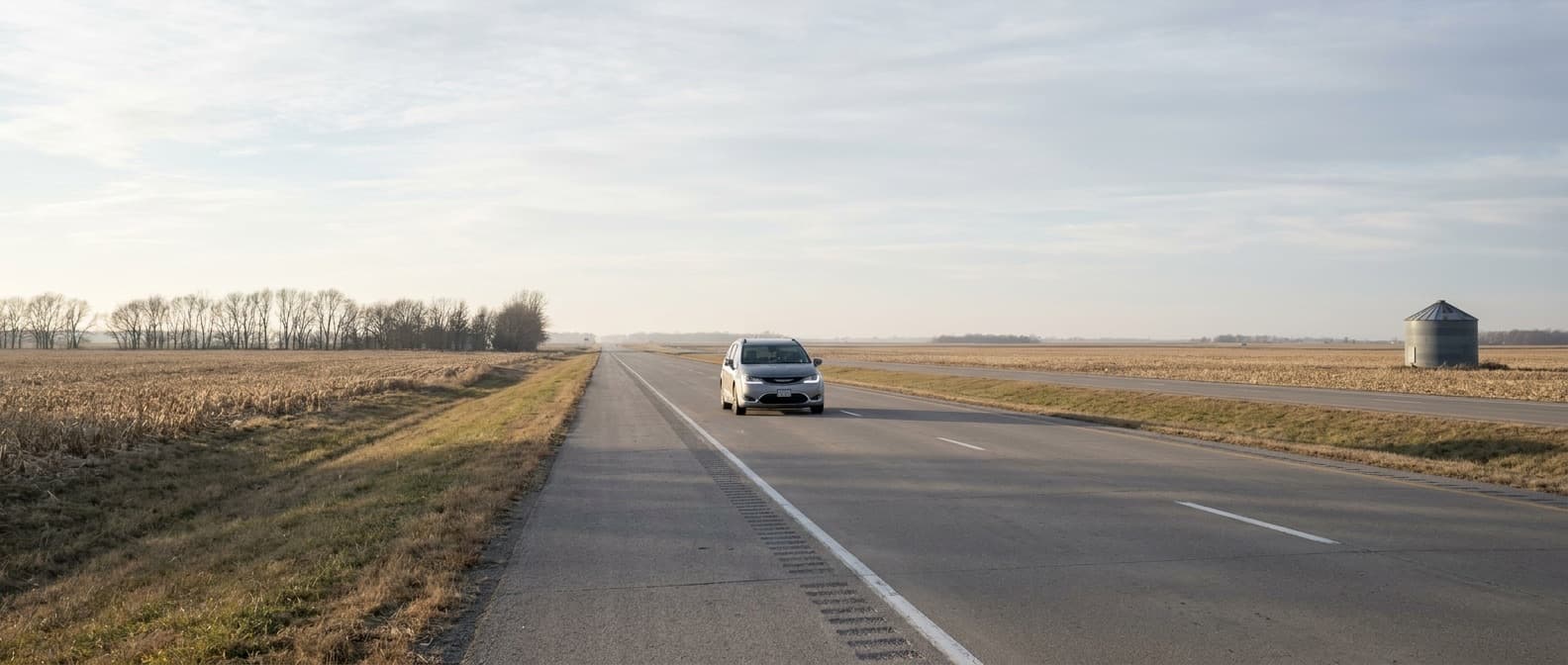 The van small in the right-hand lane of a straight divided highway running south through harvested farm country.