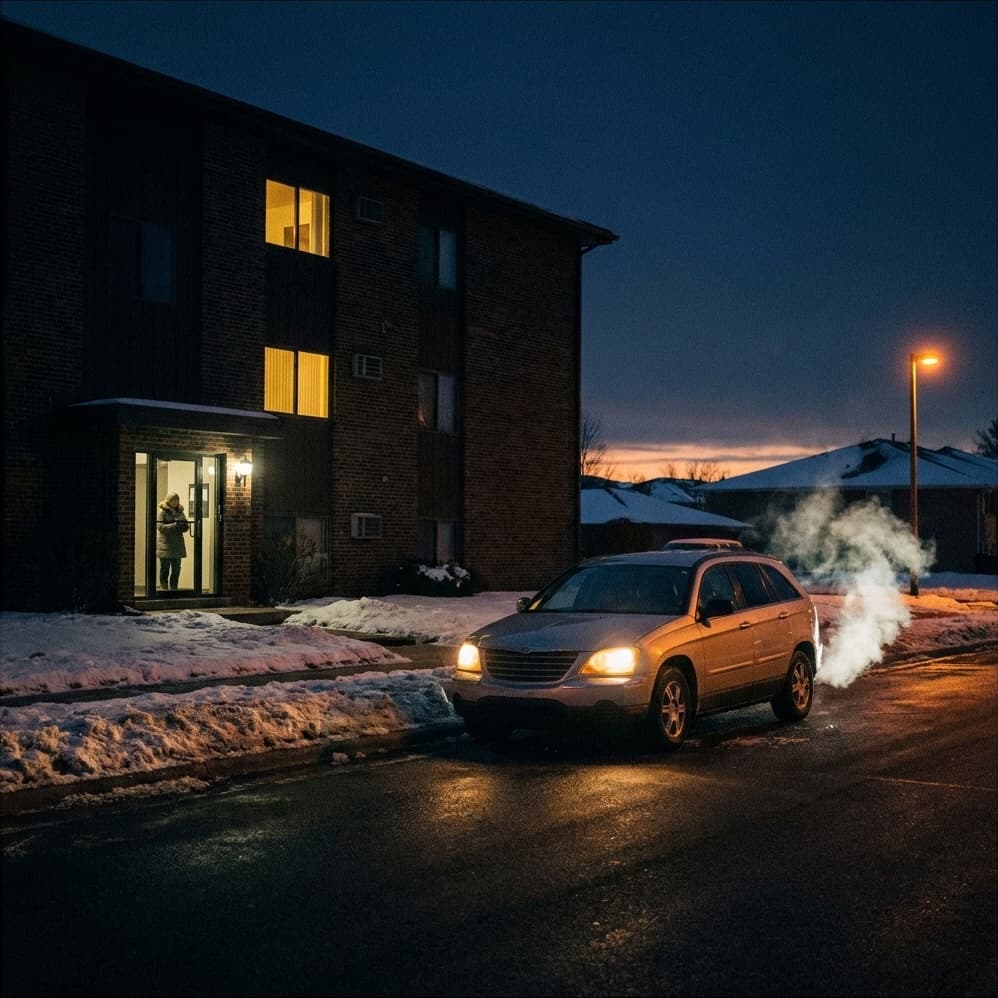 The van at the kerb before six, headlights on and exhaust showing in the cold, while a rider steps out of her lit doorway.