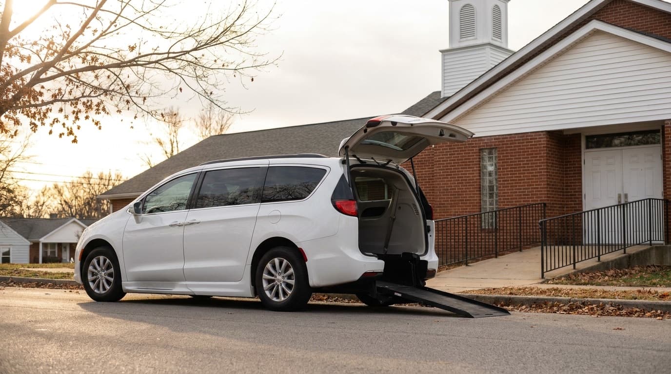 The van at the kerb outside a church on a Sunday, rear hatch up and the ramp folded down to the road.