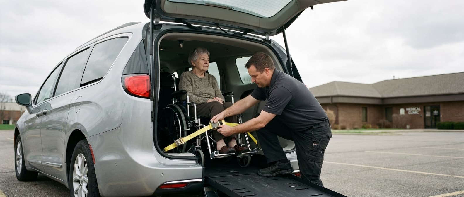 The driver kneels at the open ramp and hooks a yellow securement strap to the frame of a rider's chair, already aboard and facing forward.